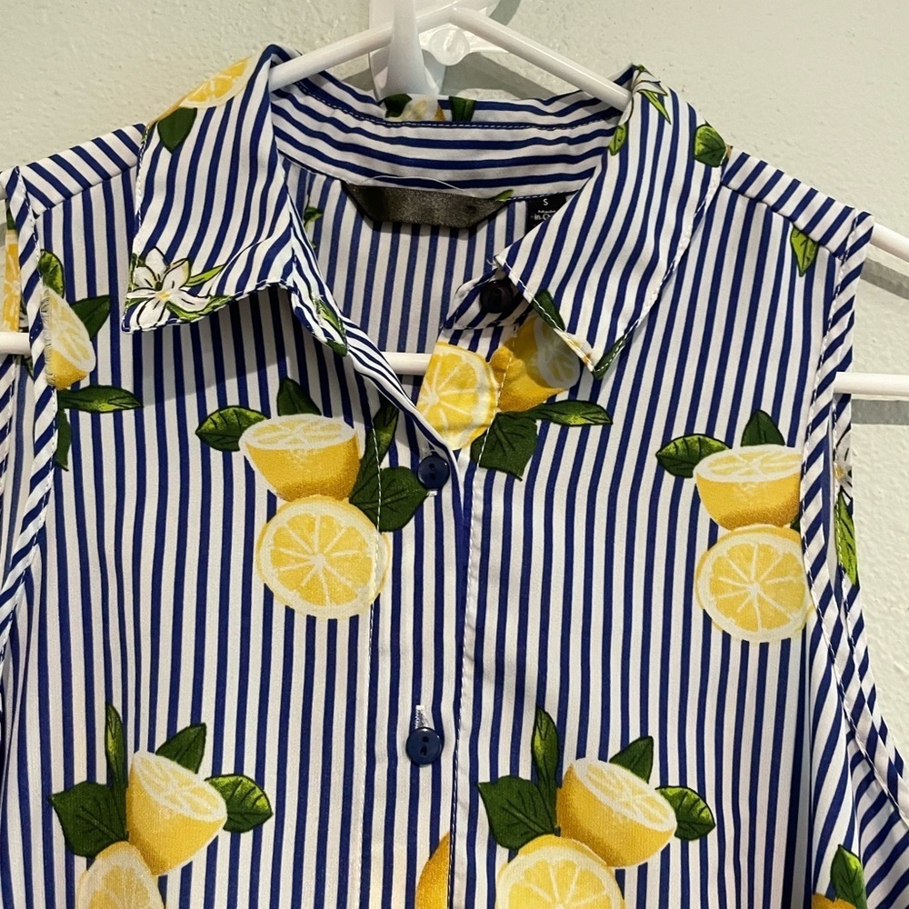 Navy and White Striped Sleeveless Shirt Dress with novelty lemon print.  Size S - Picture 2 of 5